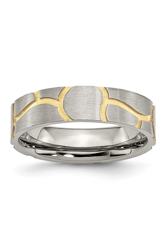 Stainless Steel Satin and Grooved Gold-Flashed Ladies 6mm Band Ring - 5.1 Grams - Size 9.5