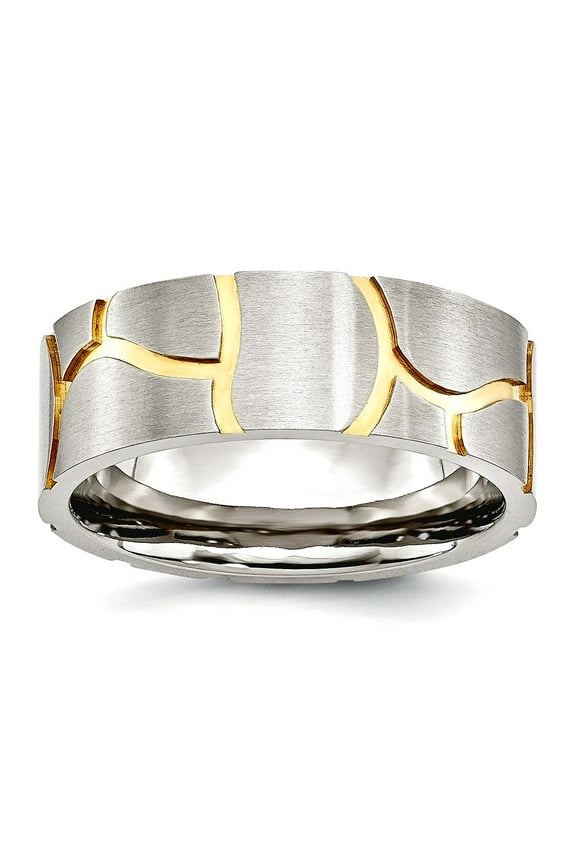 Stainless Steel Satin and Grooved Gold Plated Brushed Mens 8mm Band Ring Size 11.5 Wedding Band for Men