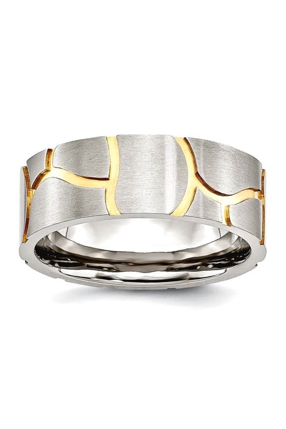 Stainless Steel Satin and Grooved Gold Plated Brushed Mens 8mm Band Ring Size 12 Wedding Band for Men
