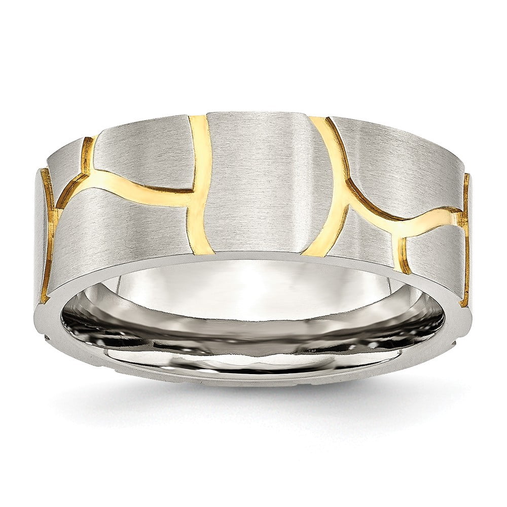 Stainless Steel Satin and Grooved Gold-Flashed Mens 8mm Band Ring - 7.6 Grams - Size 13