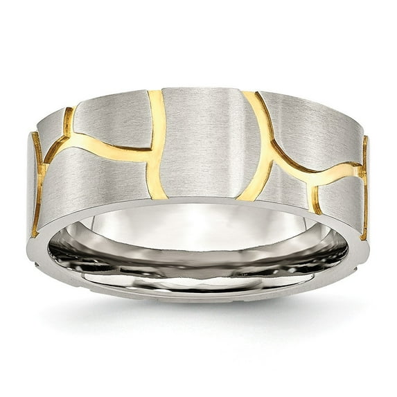 Stainless Steel Satin and Grooved Gold-Flashed Mens 8mm Band Ring - 7.6 Grams - Size 7