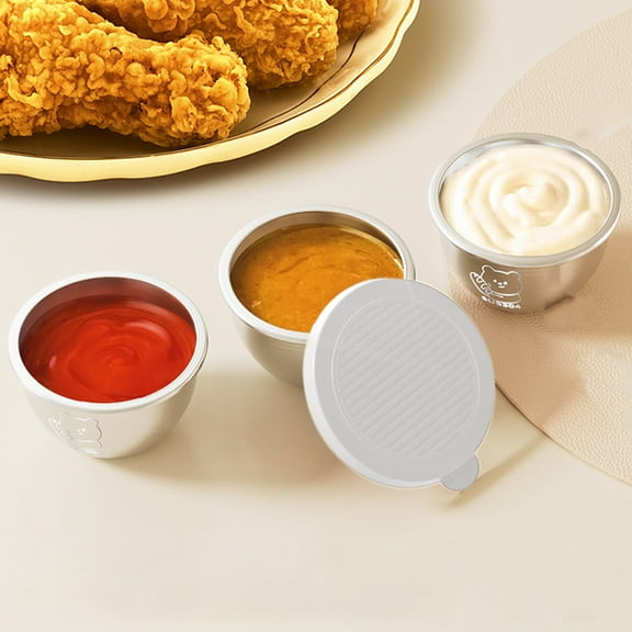Stainless Steel Sauce Cup 70ml Dipping Container with Lid • Round Ketchup Salad Dressing Tray • Leakproof Insulated Non-Slip Condiment Holder