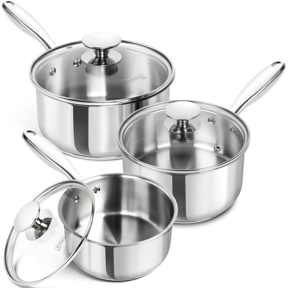 Stainless Steel Sauce Pan Set - 1, 2, 3 Qt Saucepans with Lids, Small Stainless Steel Pots for Cooking, Induction Compatible, Dishwasher & Oven Safe