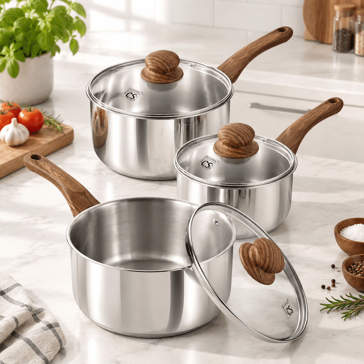 Two Pans Set Stainless Steel Sauce Pan Set With Lids, 1+2+3 Quart, 6 Piece Cookware ...