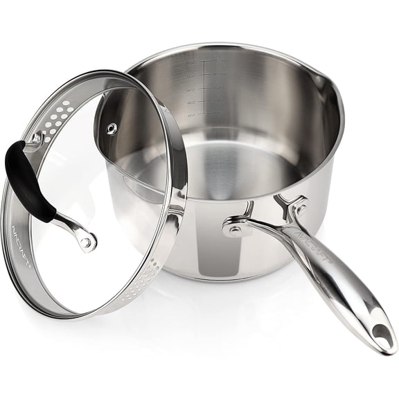 Stainless Steel Saucepan with Glass Strainer Lid, Two Side Spouts for Easy Pour with Handle, Multipurpose Sauce Pot (5-Ply Capsule Bottom, 3.5 Quart)