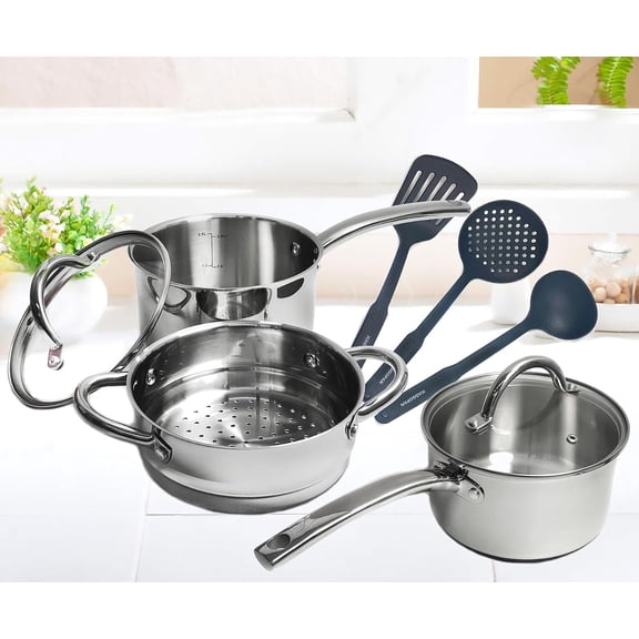 Stainless Steel Saucepan Set with Glass Lid, Induction Compatible, 8 PCS Steamer