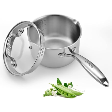 Stainless Steel Saucepan with Glass Lid, 2.0 Quart Multipurpose Sauce Pan, Sauce Pot with for Easy Pour with Ergonomic Handle