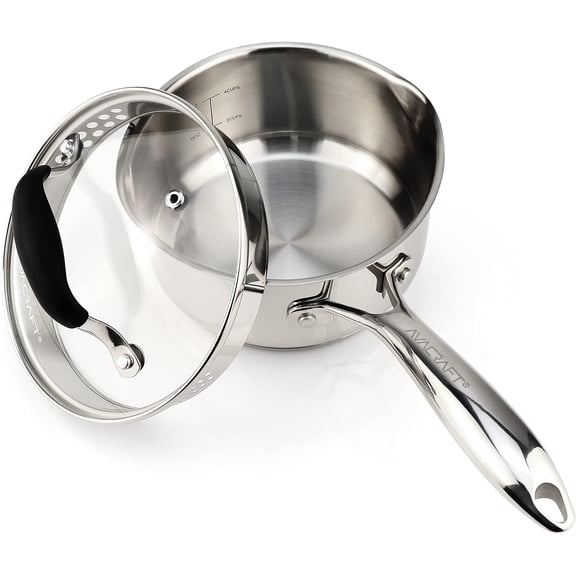 Stainless Steel Saucepan with Glass Strainer Lid, Two Side Spouts for Easy Pour with Ergonomic Handle, Multipurpose Sauce Pot