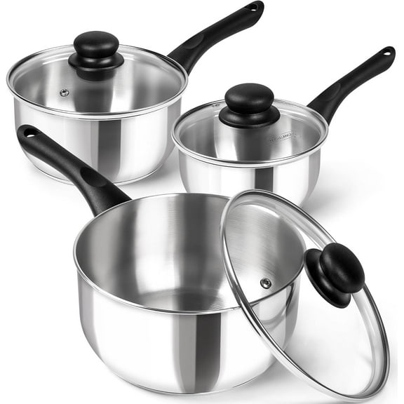 Stainless Steel Saucepan with Lid 6pcs, Triply Base Stainless Steel Pot Set, Saucepan Set with Bakelite Handle - 1QT & 2QT & 3QT