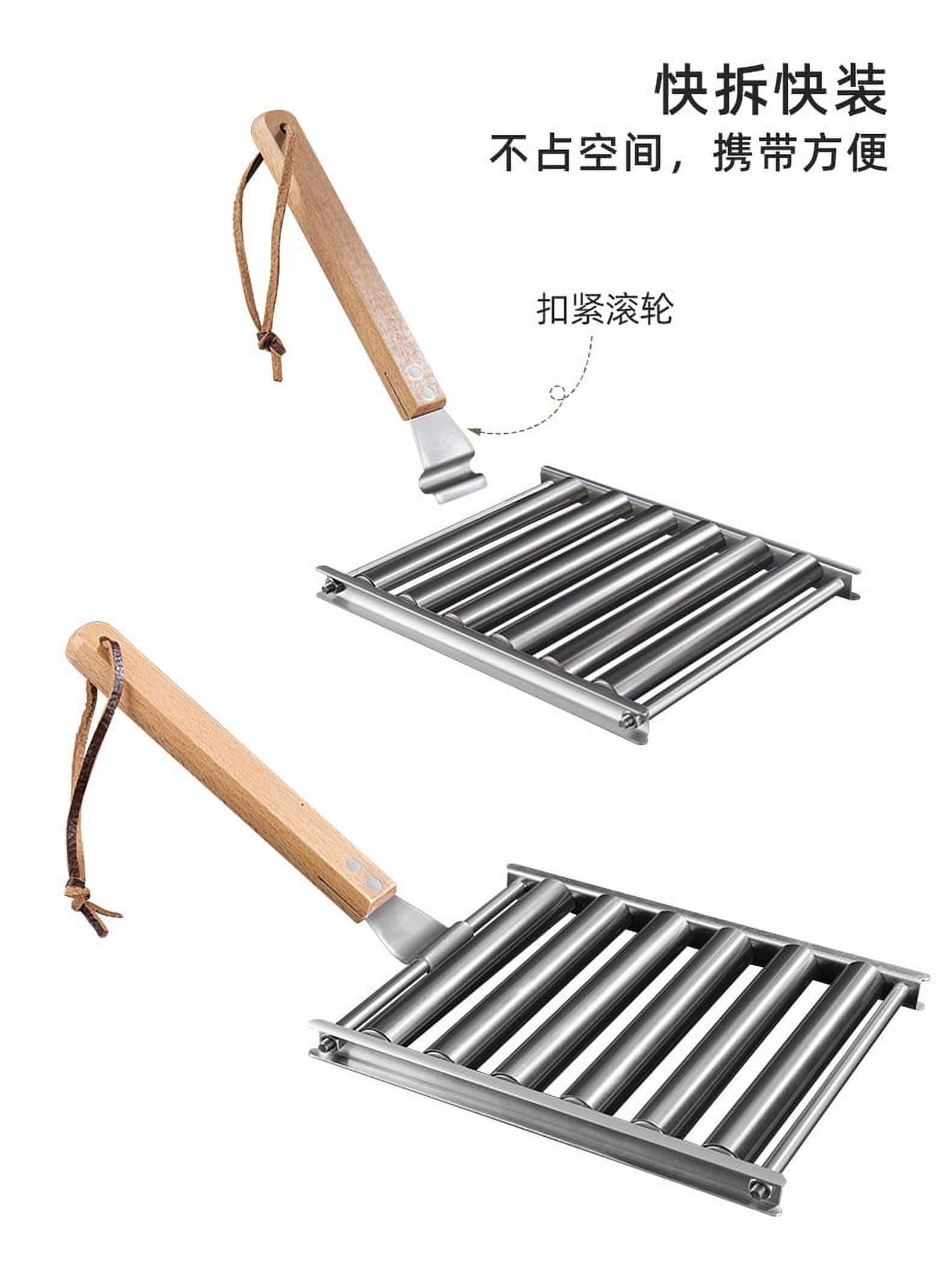 Stainless Steel Sausage Roller Sausage Grill Rack Outdoor Wood Handle