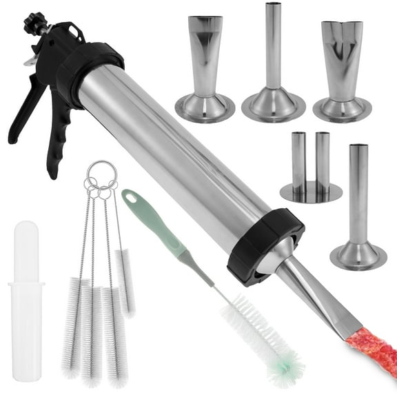 Stainless Steel Sausage Stuffer Kit  Manual Jerky Gun With 5 Nozzles & Cleaning Brushes, Homemade Sausage & Meat Filler Tool For Kitchen (2.1LB Capacity, Thickened Handles)