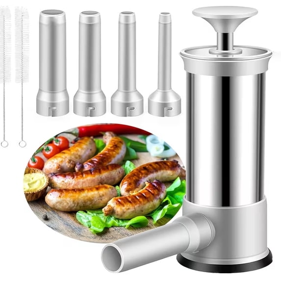 Stainless Steel Sausage Stuffer - Manual Meat Stuffer with 4 Nozzle Attachments - Durable Kitchen Tool for Homemade Sausage, Salami and Sausages