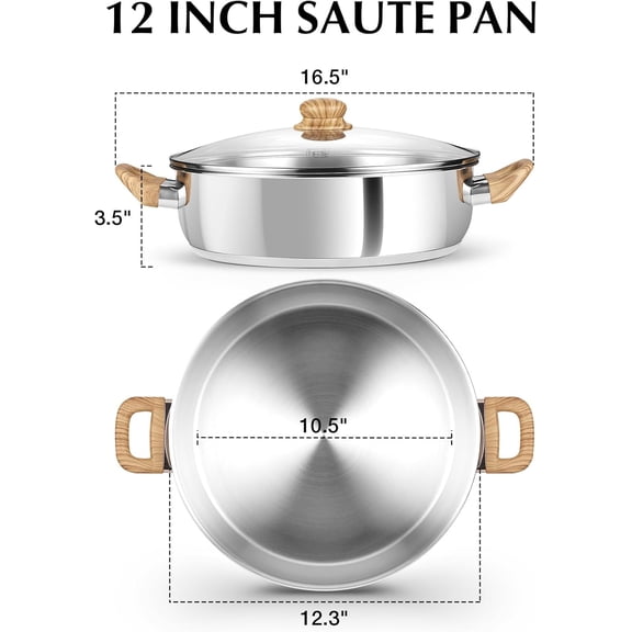 Stainless Steel Saute Pan with Lid, 12 Inch Deep Frying Pan with Double Handles, 5.5 Quart 18/10 Stainless Steel Pan with Cool-Touch Bakelite Handle, Deep Frying Pan, Induction Ready