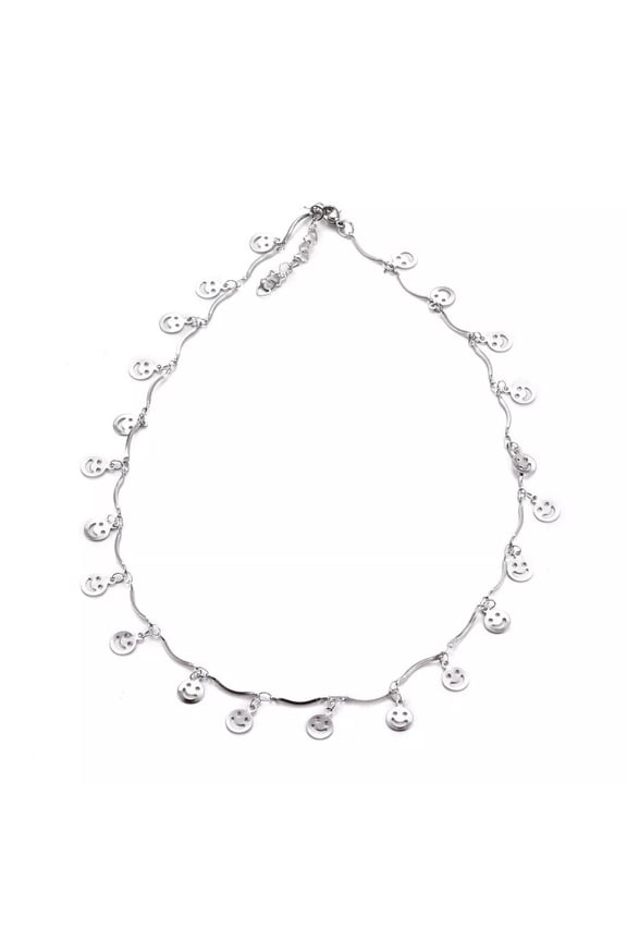 Stainless Steel Scalloped Necklace Smile Face Charms Lobster Silver 17" Z528