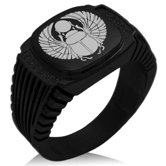 Stainless Steel Scarab Beetle Rising Sun CZ Ribbed Needle Stripe Pattern Biker Style Polished Ring