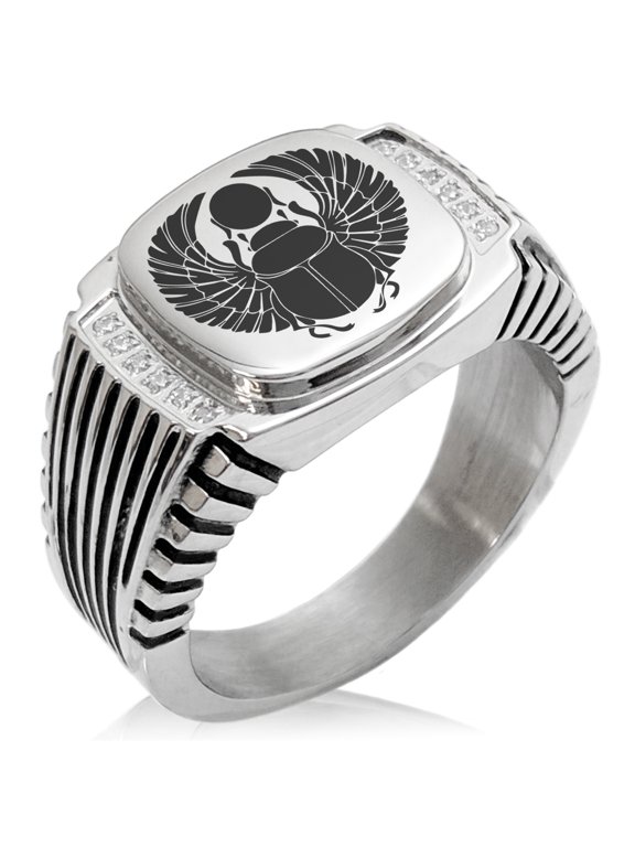 Stainless Steel Scarab Beetle Rising Sun CZ Ribbed Needle Stripe Pattern Biker Style Polished Ring