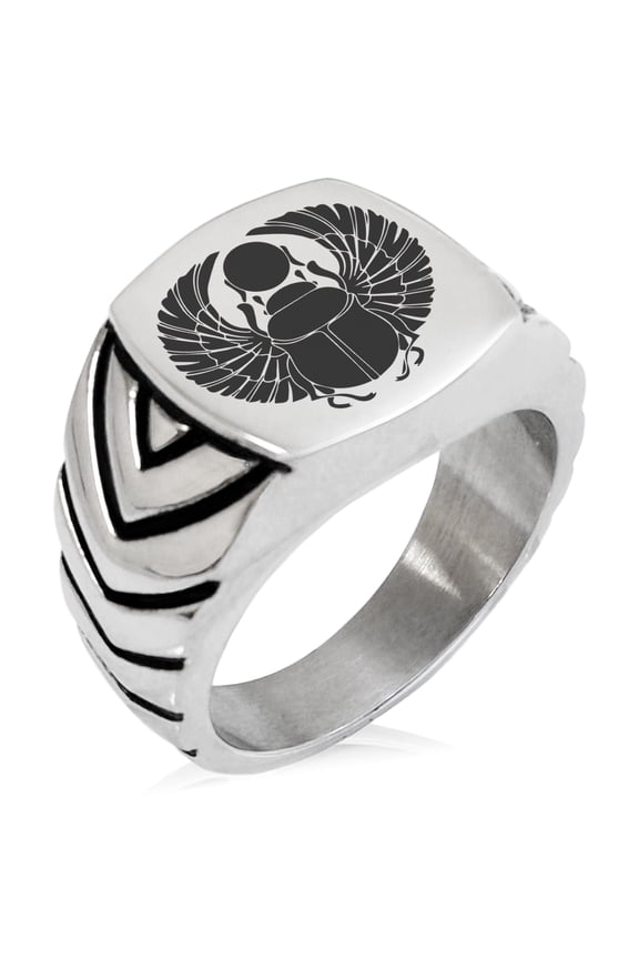 Stainless Steel Scarab Beetle Rising Sun Chevron Pattern Biker Style Polished Ring