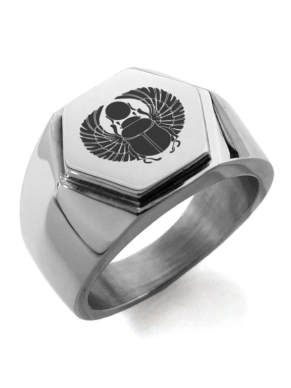 Stainless Steel Scarab Beetle Rising Sun Engraved Hexagon Crest Flat Top Biker Style Polished Ring