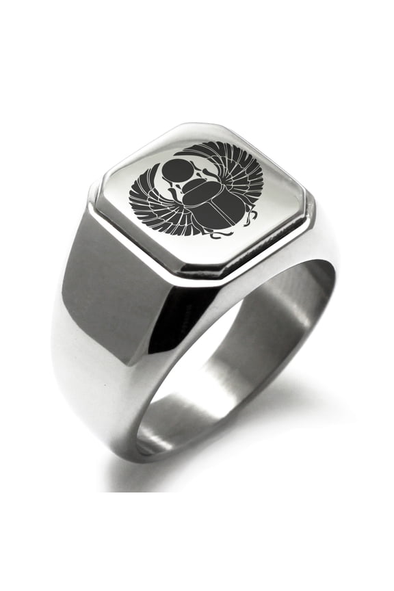 Stainless Steel Scarab Beetle Rising Sun Engraved Square Flat Top Biker Style Polished Signet Ring