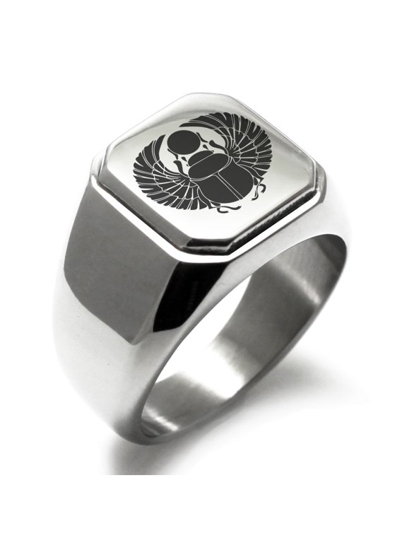 Stainless Steel Scarab Beetle Rising Sun Engraved Square Flat Top Biker Style Polished Signet Ring