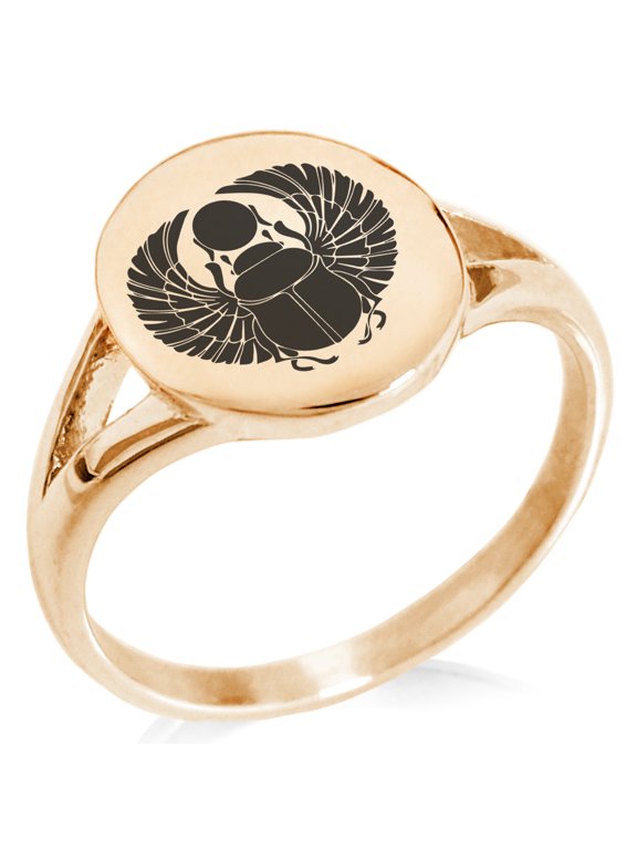 Stainless Steel Scarab Beetle Rising Sun Minimalist Oval Top Polished Statement Signet Ring