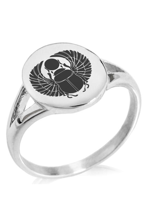 Stainless Steel Scarab Beetle Rising Sun Minimalist Oval Top Polished Statement Signet Ring