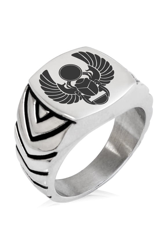 Stainless Steel Scarab Beetle Sacred Sun Chevron Pattern Biker Style Polished Ring