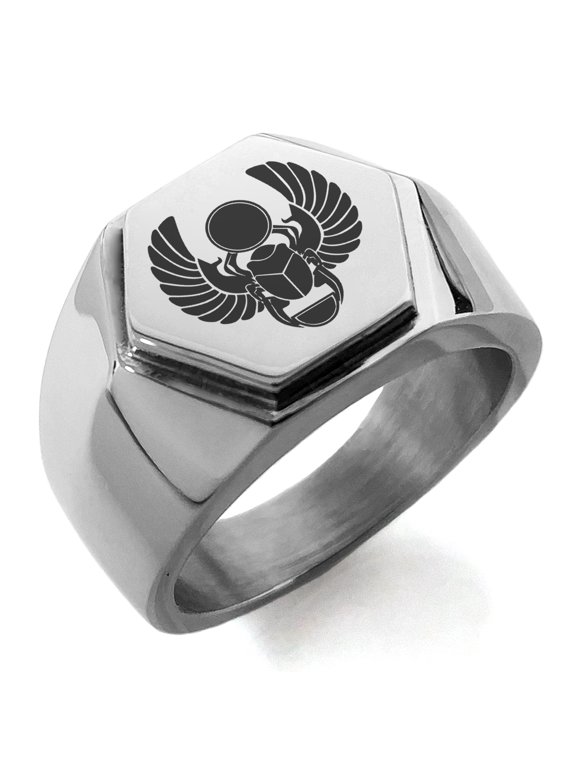 Stainless Steel Scarab Beetle Sacred Sun Engraved Hexagon Crest Flat Top Biker Style Polished Ring