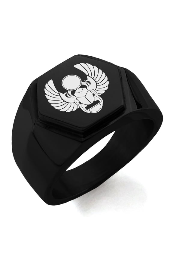Stainless Steel Scarab Beetle Sacred Sun Engraved Hexagon Crest Flat Top Biker Style Polished Ring