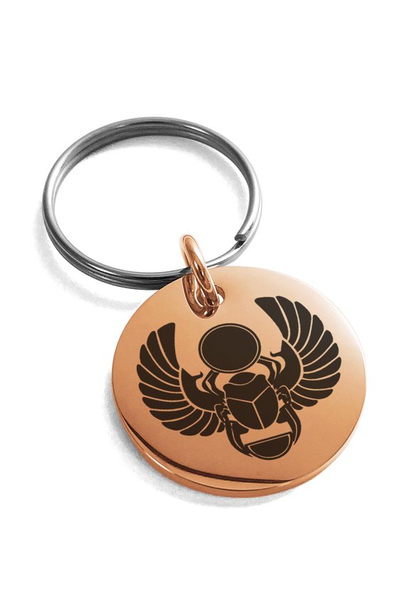 Stainless Steel Scarab Beetle Sacred Sun Engraved Small Medallion Circle Charm Keychain Keyring