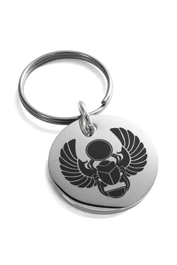 Stainless Steel Scarab Beetle Sacred Sun Engraved Small Medallion Circle Charm Keychain Keyring