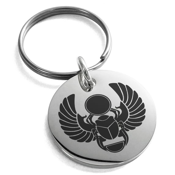 Stainless Steel Scarab Beetle Sacred Sun Engraved Small Medallion Circle Charm Keychain Keyring