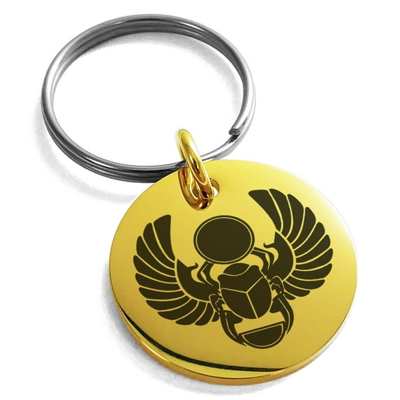 Stainless Steel Scarab Beetle Sacred Sun Engraved Small Medallion Circle Charm Keychain Keyring