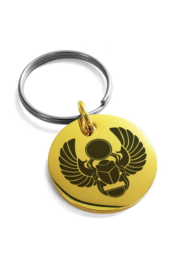 Stainless Steel Scarab Beetle Sacred Sun Engraved Small Medallion Circle Charm Keychain Keyring