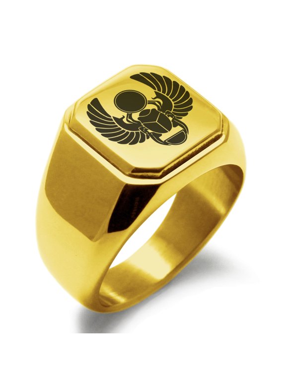 Stainless Steel Scarab Beetle Sacred Sun Engraved Square Flat Top Biker Style Polished Ring