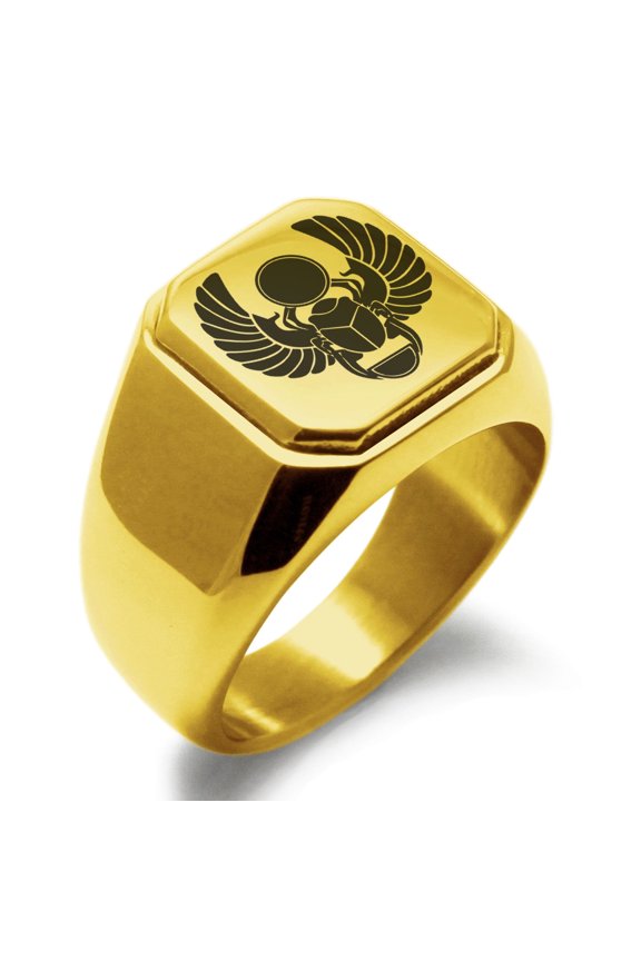 Stainless Steel Scarab Beetle Sacred Sun Engraved Square Flat Top Biker Style Polished Signet Ring