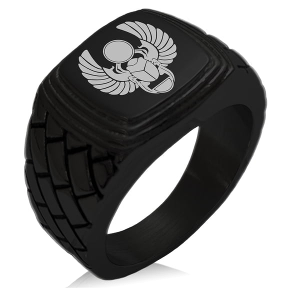 Tioneer Stainless Steel Scarab Beetle Sacred Sun Geometric Pattern Step-Down Biker Style Polished Ring