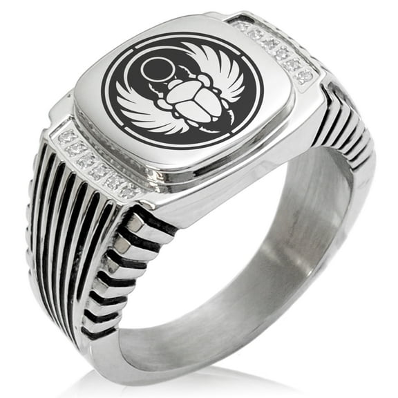 Stainless Steel Scarab Beetle Sun Ring CZ Ribbed Needle Stripe Pattern Biker Style Polished Ring