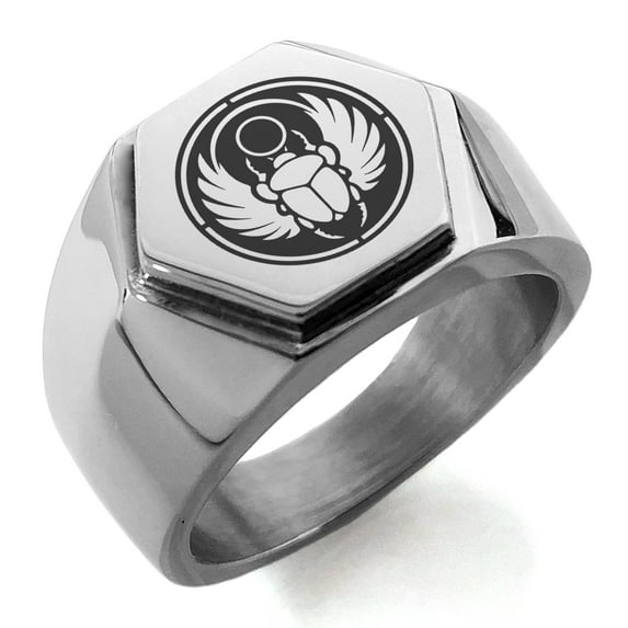 Stainless Steel Scarab Beetle Sun Ring Engraved Hexagon Crest Flat Top Biker Style Polished Ring