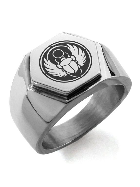 Stainless Steel Scarab Beetle Sun Ring Engraved Hexagon Crest Flat Top Biker Style Polished Ring