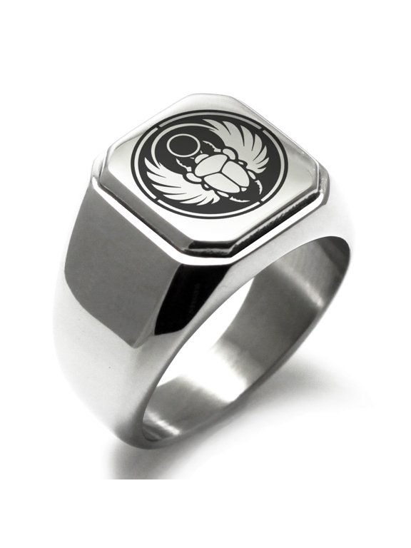 Stainless Steel Scarab Beetle Sun Ring Engraved Square Flat Top Biker Style Polished Signet Ring