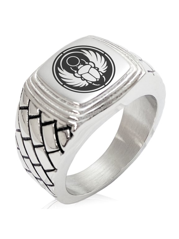 Stainless Steel Scarab Beetle Sun Ring Geometric Pattern Step-Down Biker Style Polished Ring