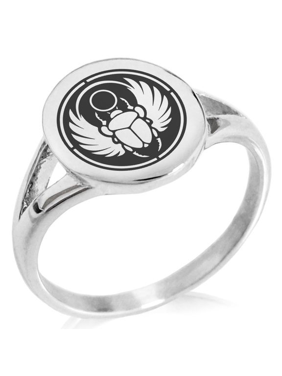 Stainless Steel Scarab Beetle Sun Ring Minimalist Oval Top Polished Statement Signet Ring
