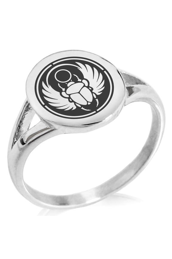 Stainless Steel Scarab Beetle Sun Ring Minimalist Oval Top Polished Statement Signet Ring