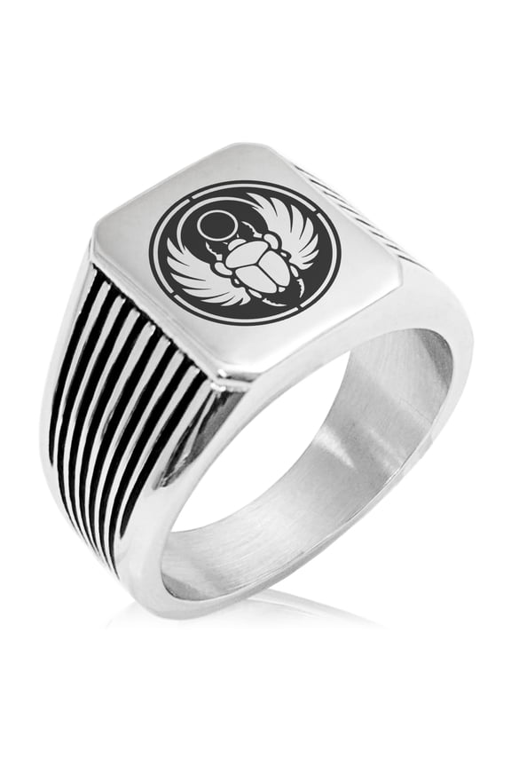 Stainless Steel Scarab Beetle Sun Ring Needle Stripe Pattern Biker Style Polished Ring