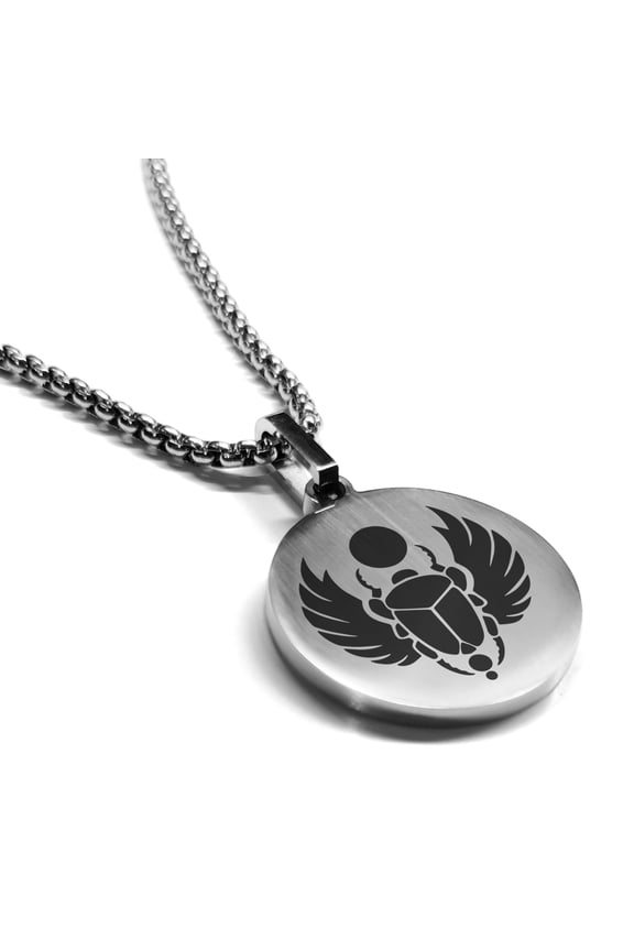 Stainless Steel Scarab Good Luck Charm Round Medallion Pendant Necklace