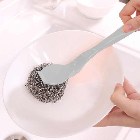 Stainless Steel Scouring Brush with Long Ergonomic Handle, Multi-Color Pot Scrubber for Kitchenware, Dishes, Grills, Sinks Cleaning Tool (1 Pack)