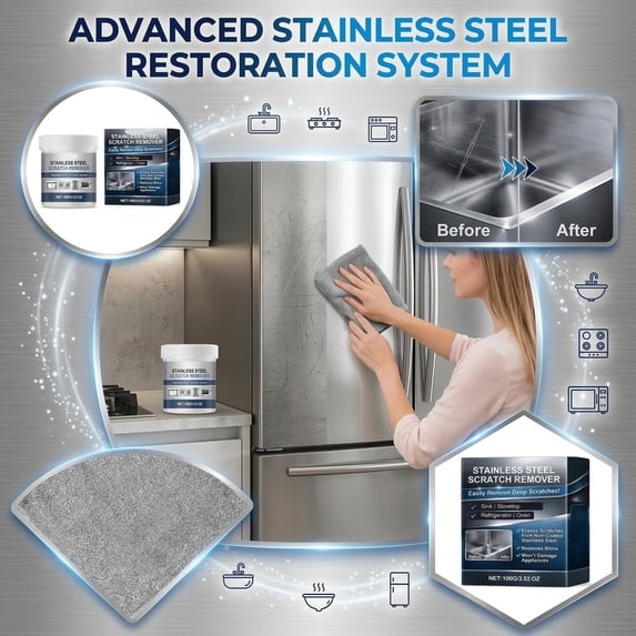 Stainless Steel Scratch Remover Paste – 100g with Cloth for Sinks, Stovetops, Refrigerators, Ovens, Surface Restoration