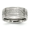 thumbnail image 1 of Stainless Steel Scroll Design 9mm Brushed/Polished Ridged Edge Band Size: 9; for Adults and Teens; for Women and Men, 1 of 6