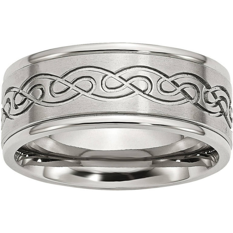Stainless Steel Scroll Design 9mm Brushed & Polished Ridged Edge Band Stainless Steel Scroll Design 9mm Brushed & Polished Ridged Edge Band